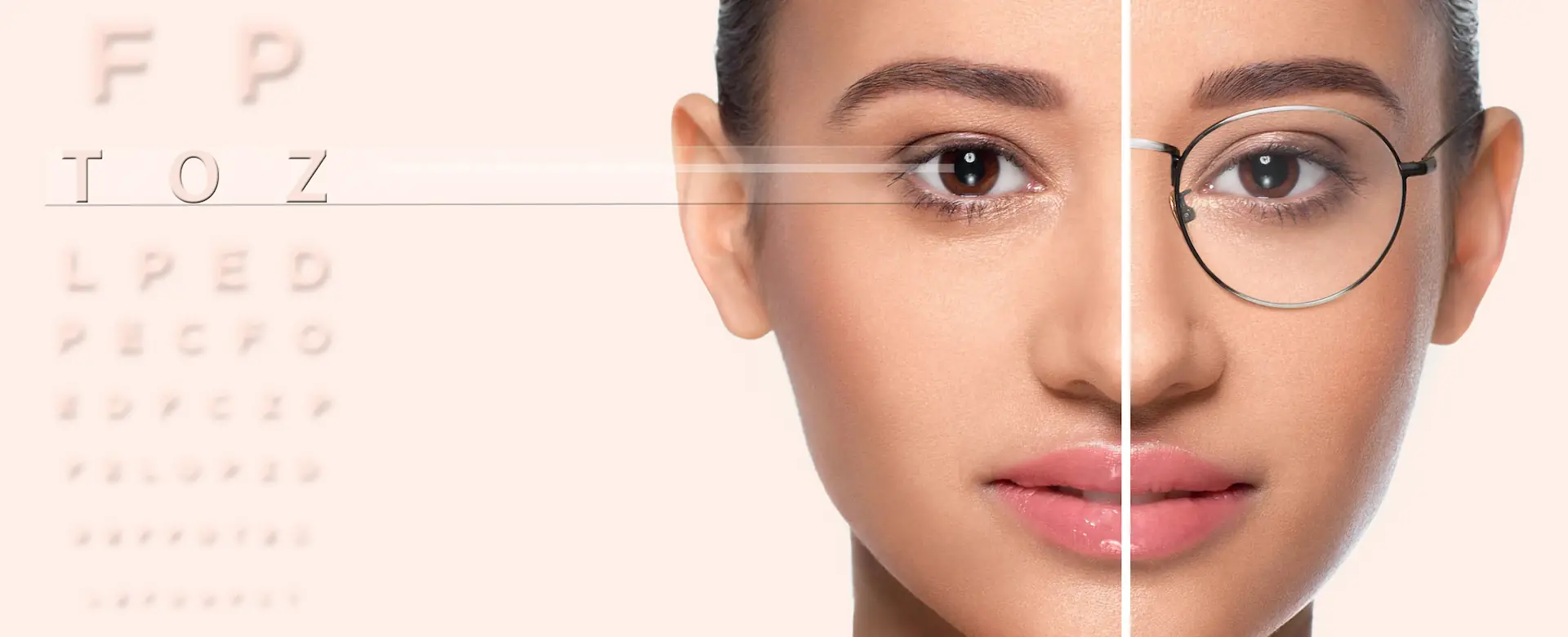 close up of womans face next to vision test