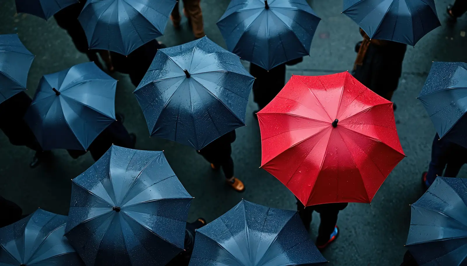 top-down view of a crowd holding umbrellas during a rain storm