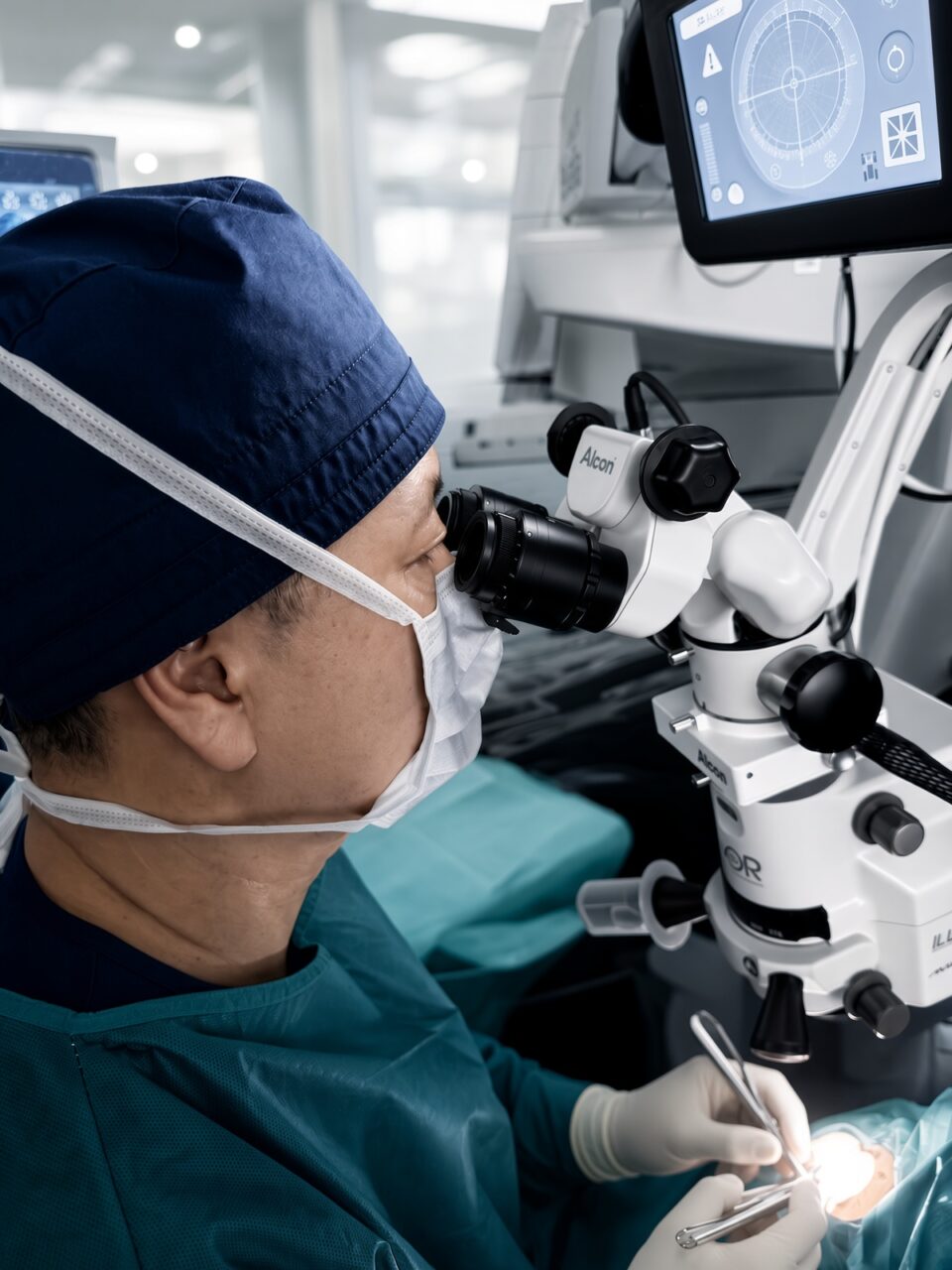 Dr. Paul C. Lee performing vision correction surgery at an Alcon surgical microscope at CCRS Los Angeles
