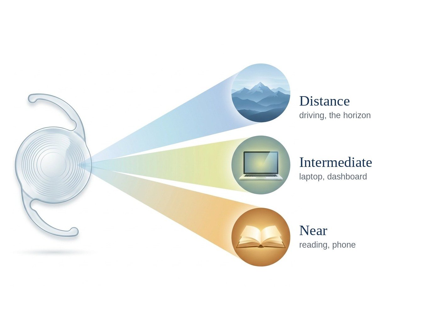 Trifocal intraocular lens splitting light into three focal points for distance, intermediate and near vision at CCRS Los Angeles