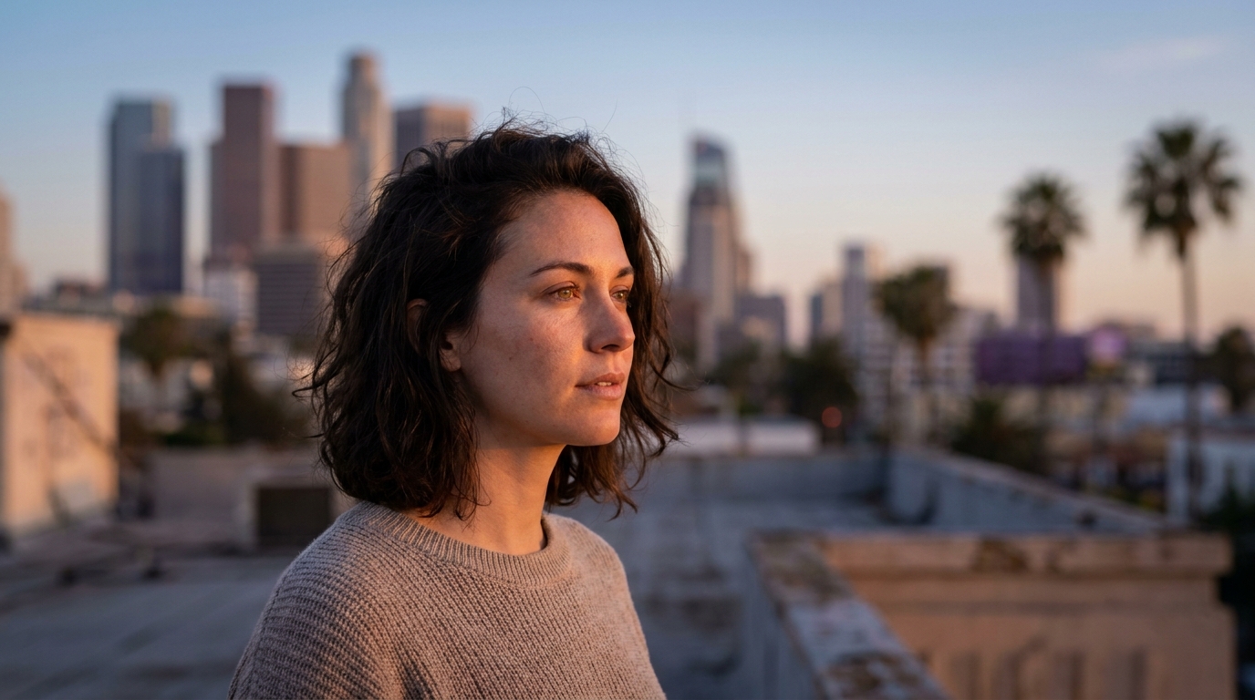 A patient looking out over Los Angeles at golden hour, without glasses
